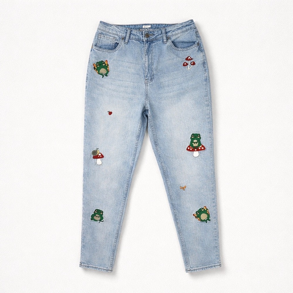 HT Denim Frog Mushroom Embroidered‎ Mom Jeans Light Wash Sz 9 Fairy Cottagecore
